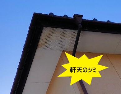 軒天のシミ　瓦が外れて雨漏り